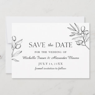 Elegant branch olive. Black and white Wedding Save The Date