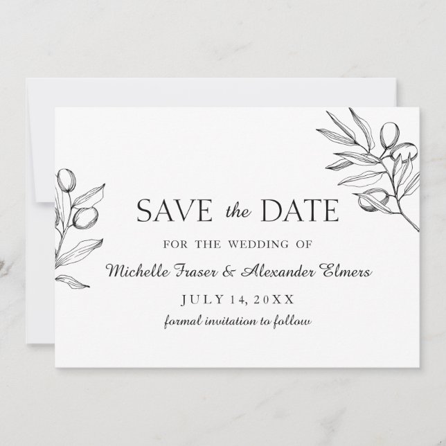 Elegant branch olive. Black and white Wedding Save The Date (Front)