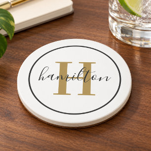 Elegant Brass Black Round Monogram Script Coaster