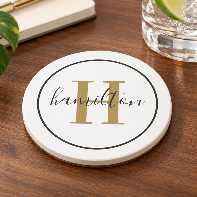 Elegant Brass Black Round Monogram Script Coaster (Creator Uploaded)