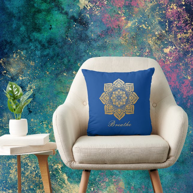 Elegant Breathe Deep Royal Blue and Gold Mandala Cushion (Creator Uploaded)