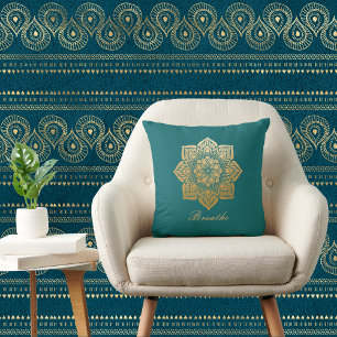 Elegant Breathe Greenand Gold Mandala Throw Pillow