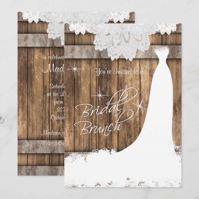 Elegant Bridal Brunch in Rustic Wood and Lace Invitation (Front/Back)
