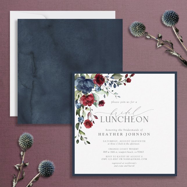 Elegant Bridal Luncheon Floral Navy Blue Burgundy Invitation (Creator Uploaded)