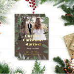 Elegant Bridal Photo Brown 1st Christmas Married  Foil Holiday Card<br><div class="desc">Elegant Bridal Photo Brown 1st Christmas Married Brown Gold Foil Calligraphy Christmas Holiday Greetings Card.</div>