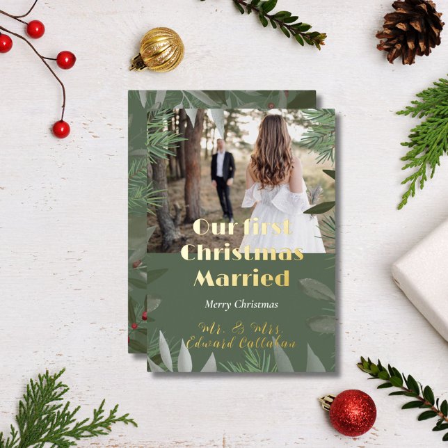 Elegant Bridal Photo Green 1st Christmas Married  Foil Holiday Card (Creator Uploaded)
