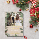 Elegant Bridal Photo Peach 1st Christmas Married  Foil Holiday Card<br><div class="desc">Elegant Bridal Photo Peach 1st Christmas Married Brown Gold Foil Calligraphy Christmas Holiday Greetings Card.</div>
