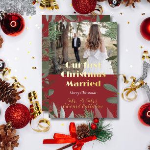 Elegant Bridal Photo Red 1st Christmas Married Foil Holiday Card