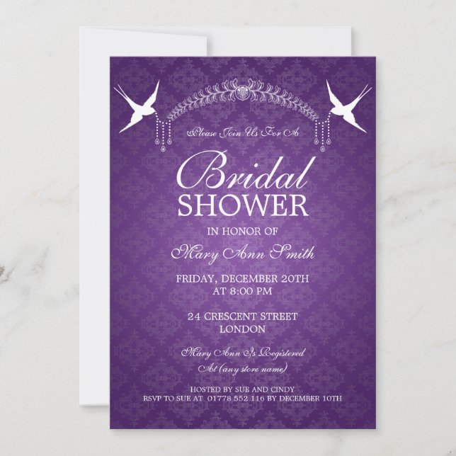 Elegant Bridal Shower Birds & Diamonds Purple Invitation (Front)