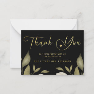 Elegant bridal shower black gold script thank you card