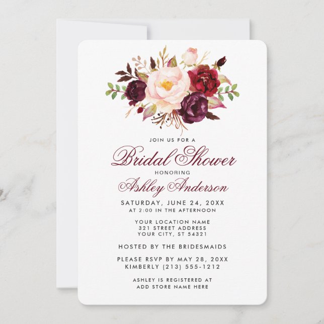 Elegant Bridal Shower Burgundy Floral Invitation (Front)