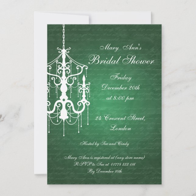 Elegant Bridal Shower Chandelier Emerald Green Invitation (Front)