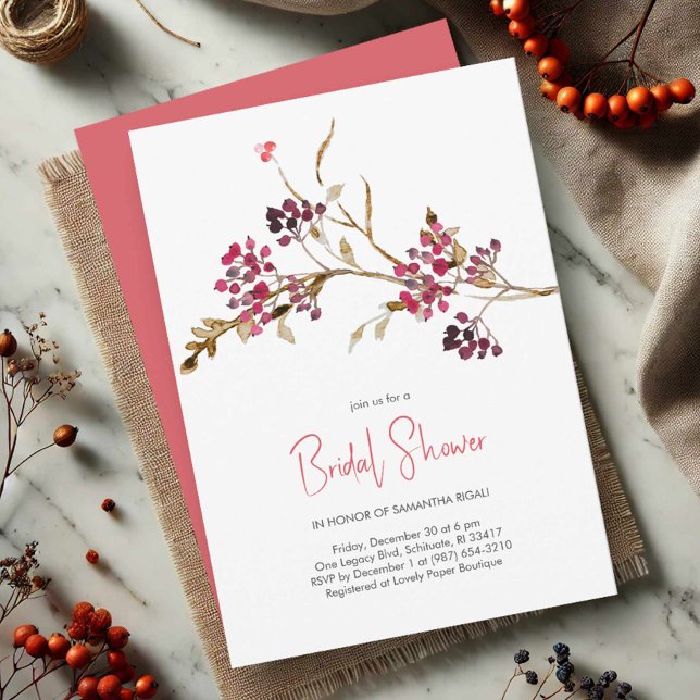 Elegant Bridal Shower Christmas Party  Invitation (Rustic bridal shower invitations watercolor red berries and botanicals)