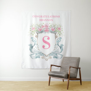 Elegant Bridal Shower Crest w/ Roses Backdrop Tapestry