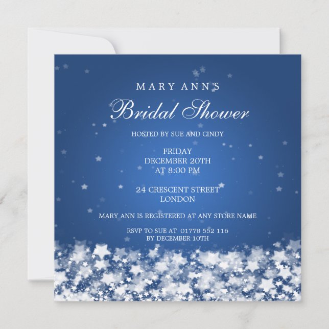 Elegant Bridal Shower Dazzling Stars Blue Invitation (Front)