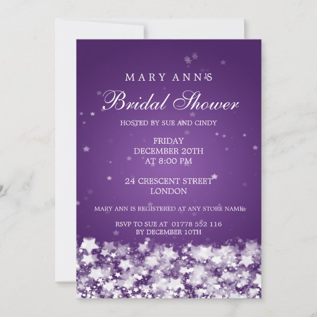 Elegant Bridal Shower Dazzling Stars Purple Invitation (Front)