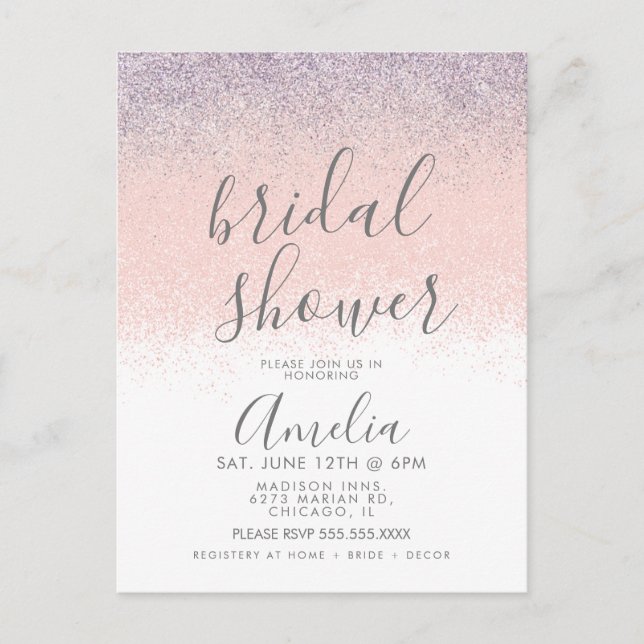 Elegant Bridal Shower Faux Ombré Glitter Pink  Postcard (Front)