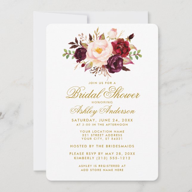 Elegant Bridal Shower Floral Burgundy Gold Invite (Front)