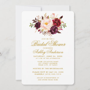 Elegant Bridal Shower Floral Burgundy Gold Invite