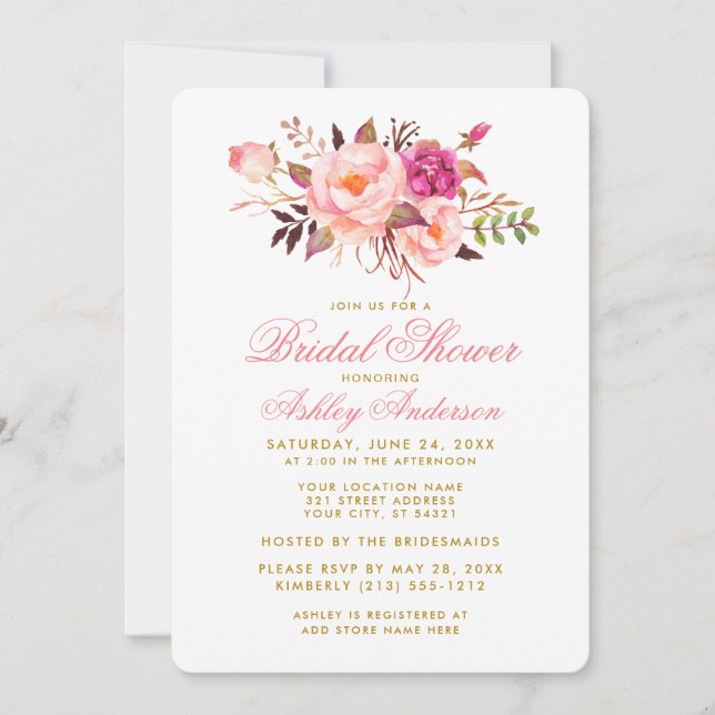 Elegant Bridal Shower Floral Pink Gold Invite (Front)