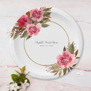 Elegant Bridal Shower Floral Watercolor Fancy Pink Paper Plate