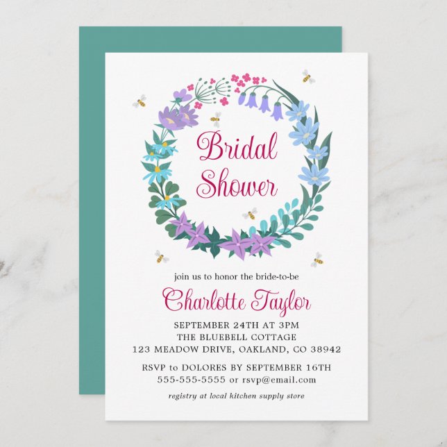 Elegant Bridal Shower Floral Wildflowers Garland Invitation (Front/Back)