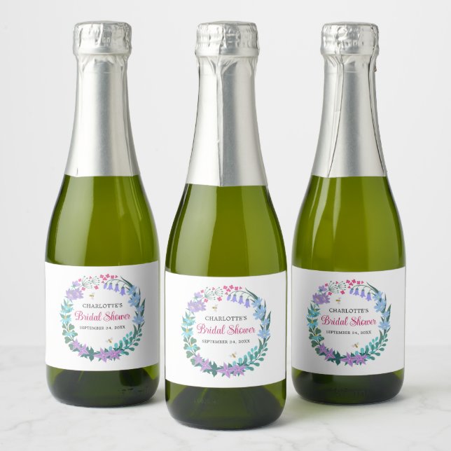 Elegant Bridal Shower Floral Wildflowers Garland Sparkling Wine Label (Bottles)