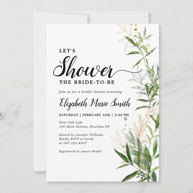 Elegant Bridal Shower Greenery Botanical Foliage Invitation (Front)