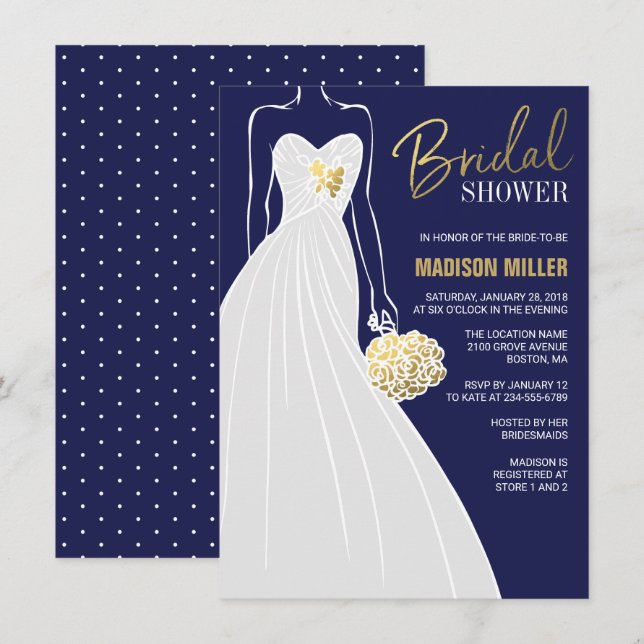 Elegant Bridal Shower Invitation | Blue and Gold (Front/Back)