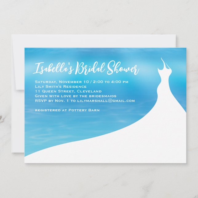 Elegant Bridal Shower Invitation blue watercolor (Front)