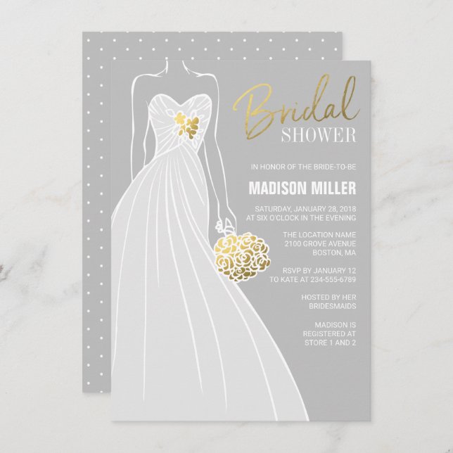 Elegant Bridal Shower Invitation | Grey and Gold (Front/Back)