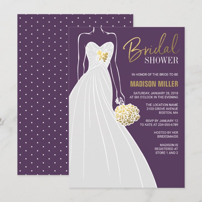 Elegant Bridal Shower Invitation | Purple and Gold (Front/Back)