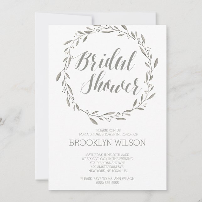 Elegant Bridal Shower Invitations Grey Wreath (Front)
