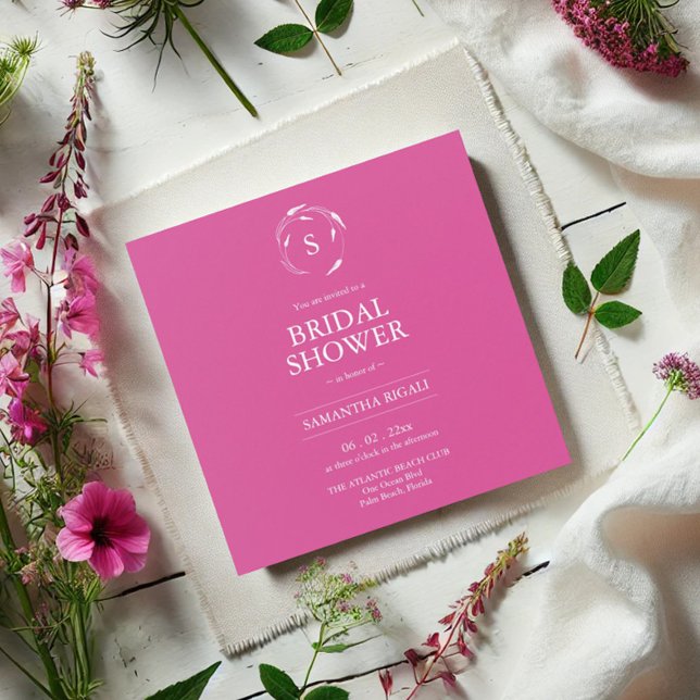 Elegant Bridal Shower Invitations in Pink (elegant bridal shower invitations in vibrant pink with a line art image of florals and monogram)