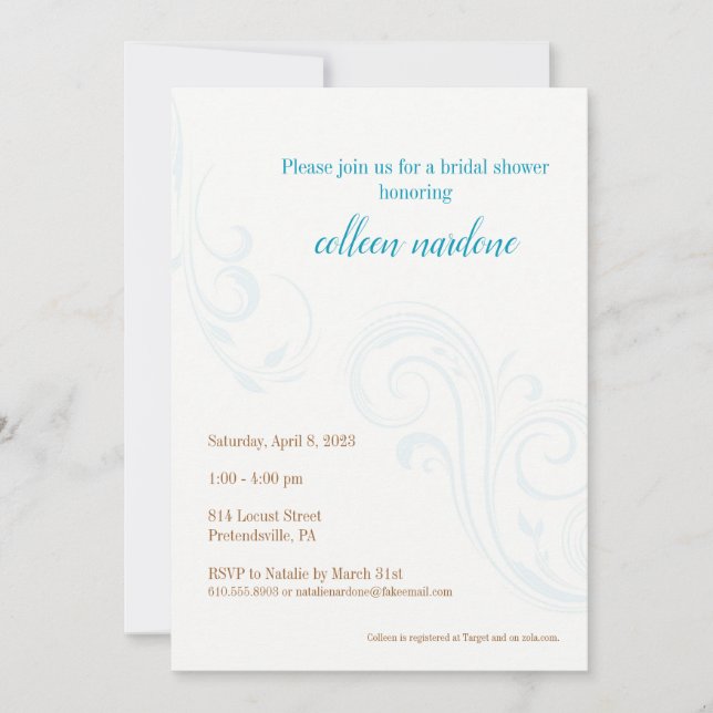 Elegant Bridal Shower Invite, Aqua Invitation (Front)