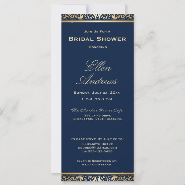 Elegant Bridal Shower Navy with Gold Invitation (Back)