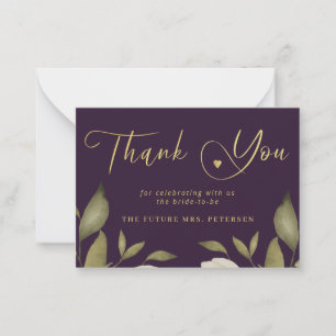 Elegant bridal shower purple gold script thank you card