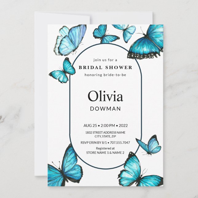 Elegant Bridal Shower. Romantic frame butterflies Invitation (Front)