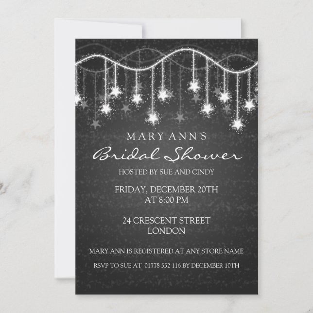 Elegant Bridal Shower Shimmering Stars Black Invitation (Front)