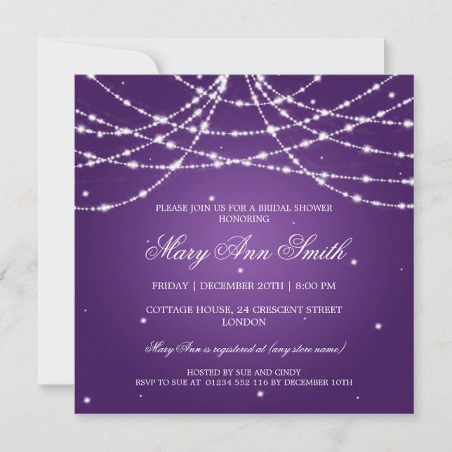 Elegant Bridal Shower Sparkling String Purple Invitation (Front)