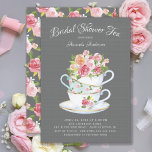 Elegant Bridal Shower Tea Invitation<br><div class="desc">Vintage china tea cups with pretty pink florals set on a grey linen background for a bridal  tea party.</div>