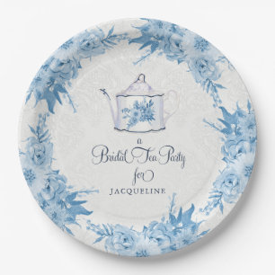 Elegant Bridal Shower Tea Party Dusty Blue Floral Paper Plate