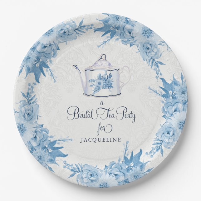 Elegant Bridal Shower Tea Party Dusty Blue Floral Paper Plate (Front)