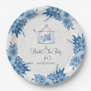 Elegant Bridal Shower Tea Party Navy Blue Flowers Paper Plate