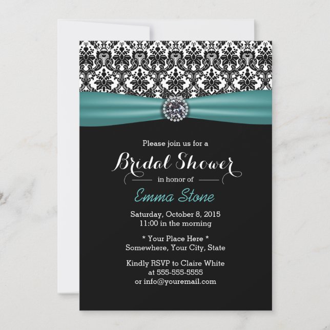 Elegant Bridal Shower Teal Ribbon Damask Diamond Invitation (Front)