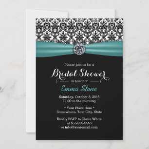 Elegant Bridal Shower Teal Ribbon Damask Diamond Invitation