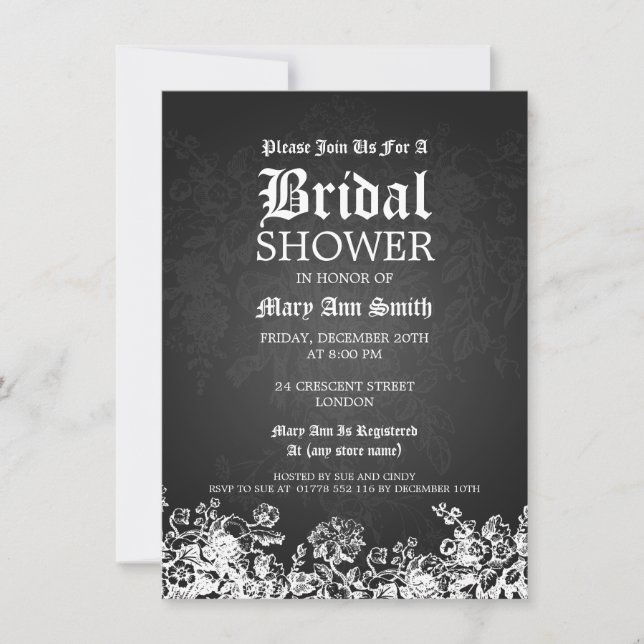Elegant Bridal Shower Victorian Flourish Black Invitation (Front)