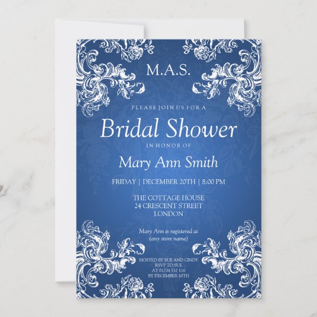 Elegant Bridal Shower Vintage Swirls 2 Sapphire Invitation (Front)