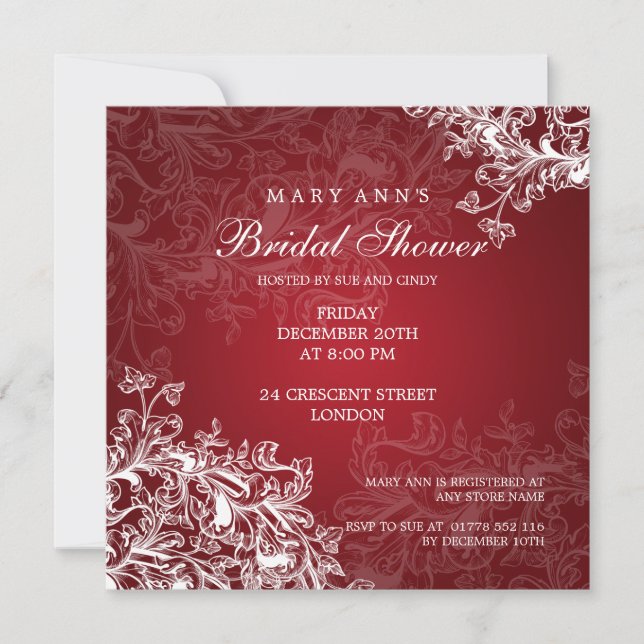 Elegant Bridal Shower Vintage Swirls Red Invitation (Front)