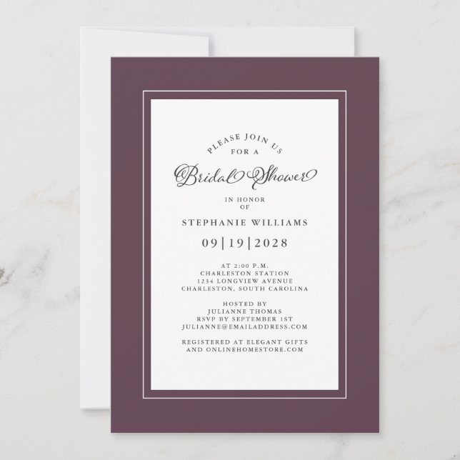 Elegant Bridal Shower Wedding Calligraphy Purple Invitation (Front)